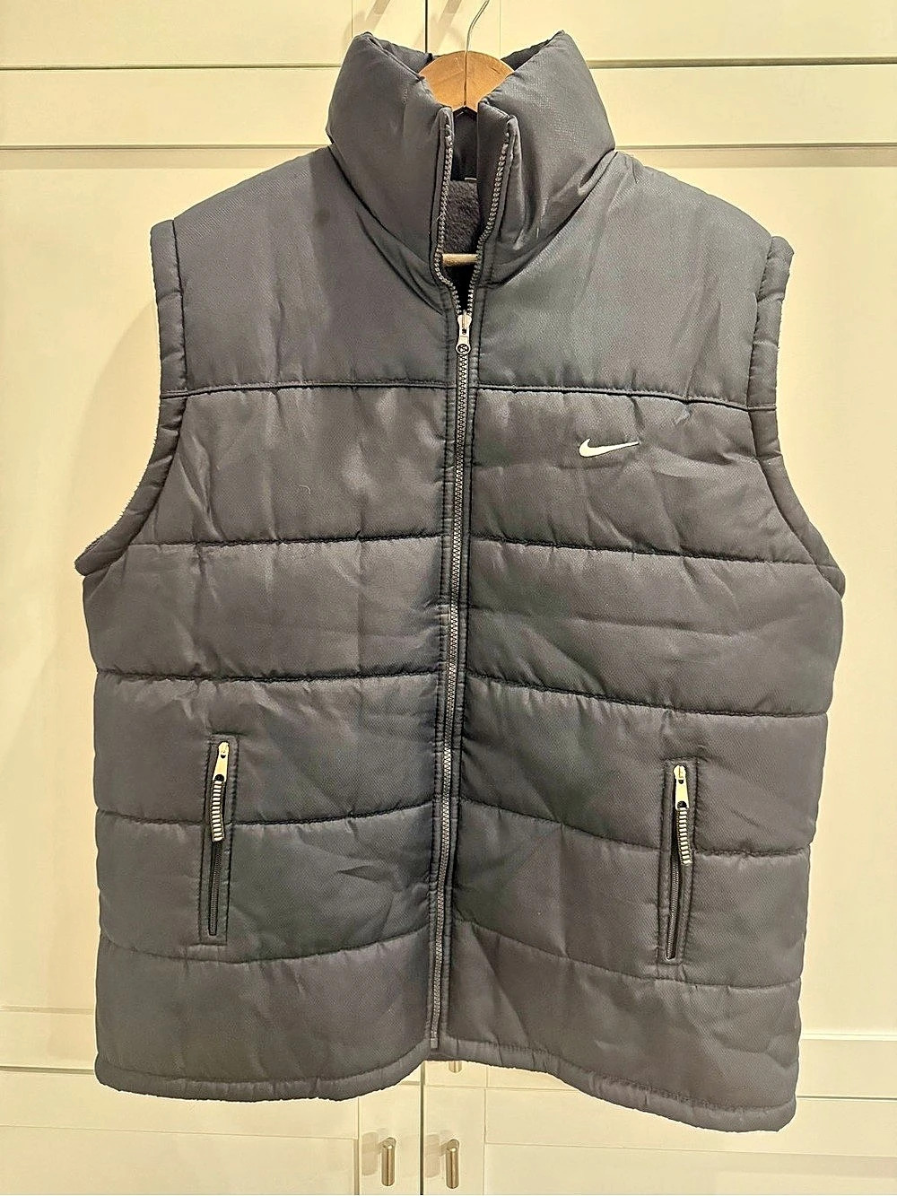 Vintage Nike Men’s XXL Super Dark Navy Puffer Vest Fleece Lined Mini Swoosh Y2K